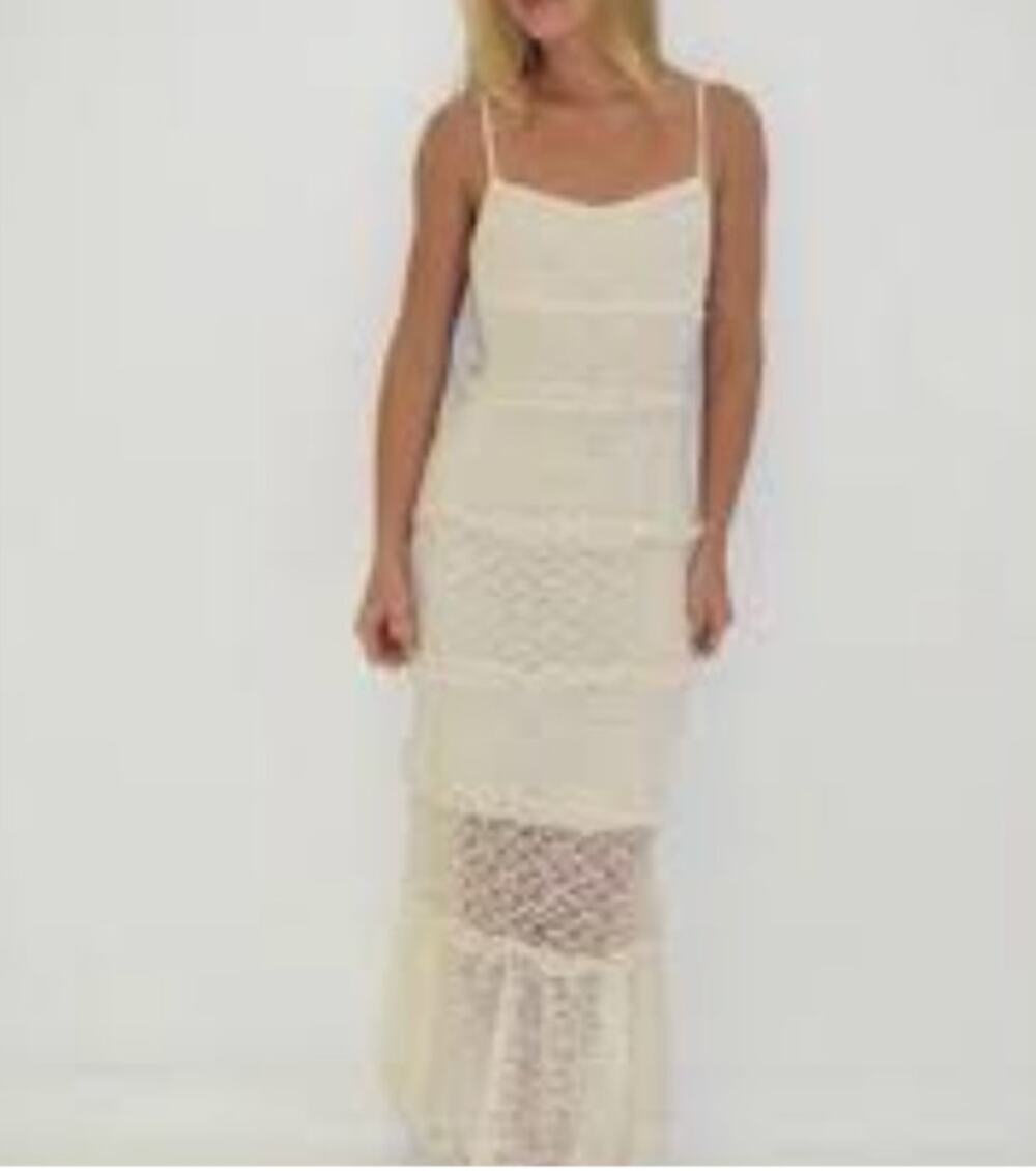 Thirty Thirty Cream Elegant Ruffle Lace Tiered Maxi Dress Large -NWT